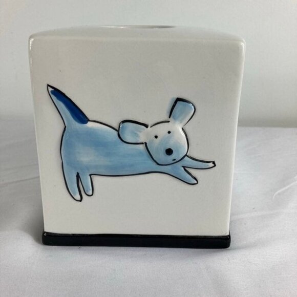 Jenny Faw Cats & Dogs Ceramic Tissue Box Cover 5 x 6" Chip - Picture 2 of 9